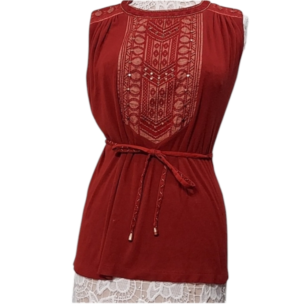 Feather bone anthropologie orange embroidered studded top Sz M